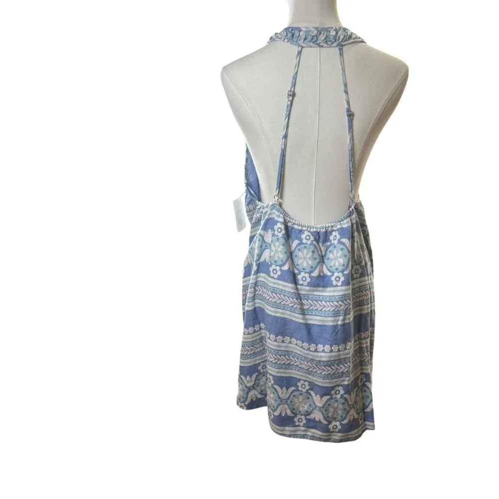 Free People Linen Blend Halter Mini Dress Blue Boho Floral Stripe Pattern Size M - Picture 5 of 12